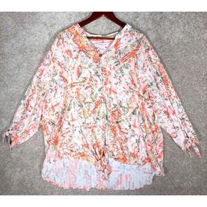 Allison Daley Woman 3X Blouse Coral Green Abstract Ikat Tie Front Rayon Top NEW